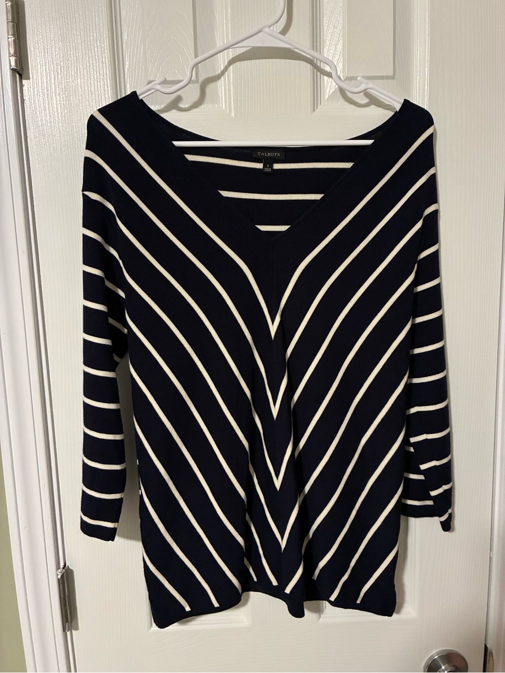 Talbots Navy and White V-Neck Striped Sweater